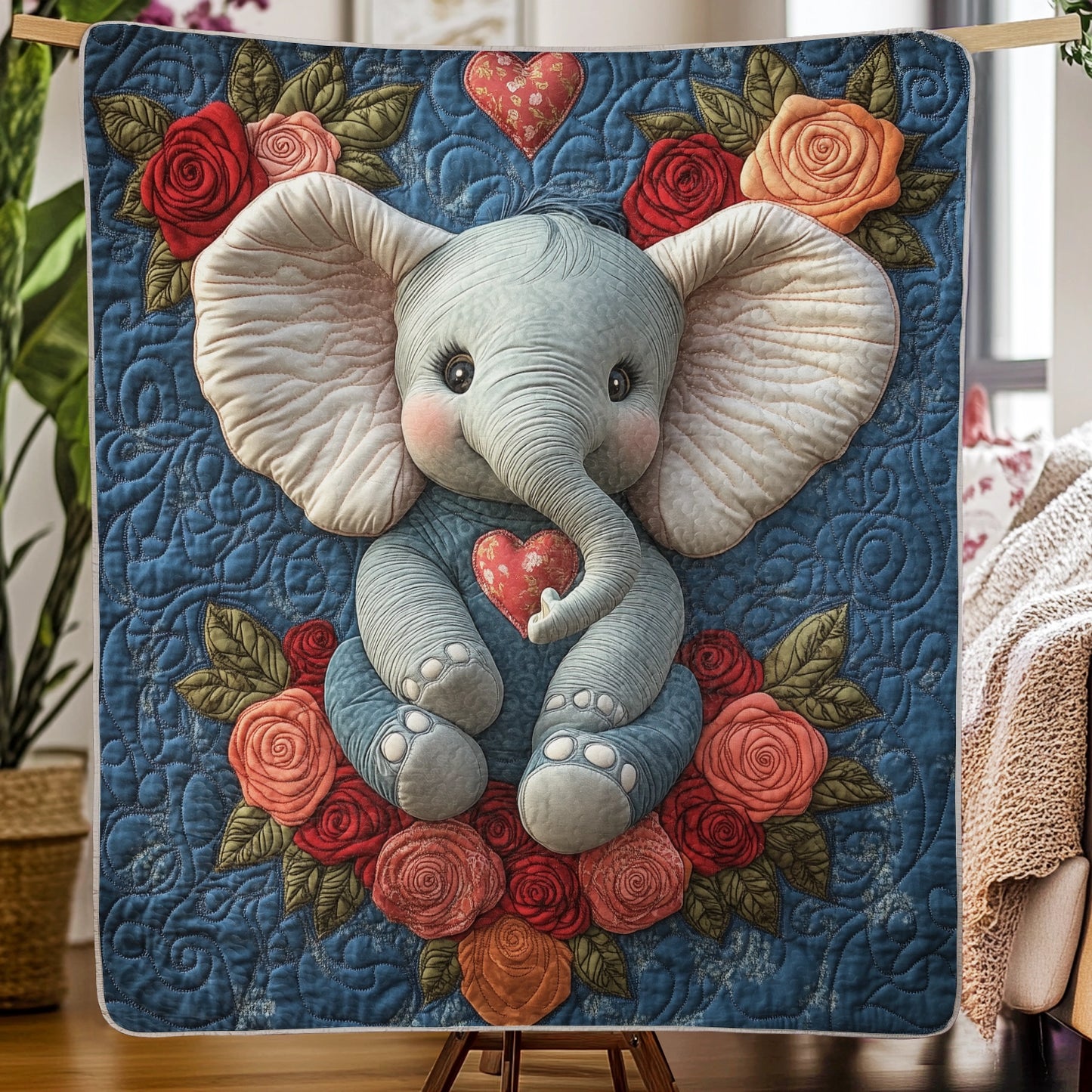 Shineful Flat Print Faux Quilt Blanket - Sweet Baby Elephant with Roses and Heart of Love