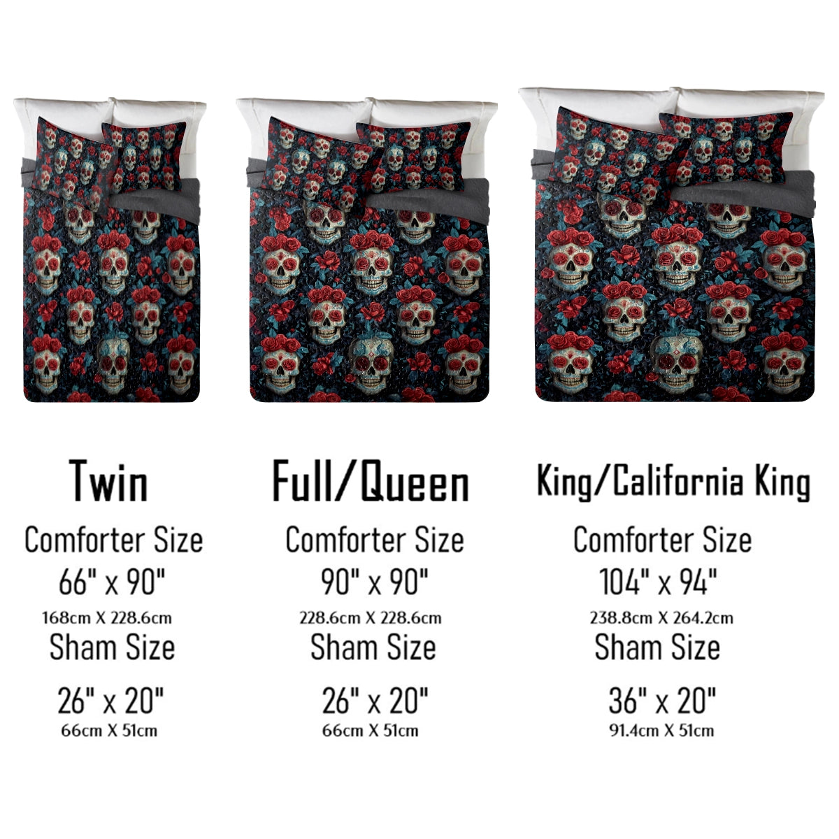 Shineful All Season Quilt 3-Piece Set - Sugar Skull & Roses Noir