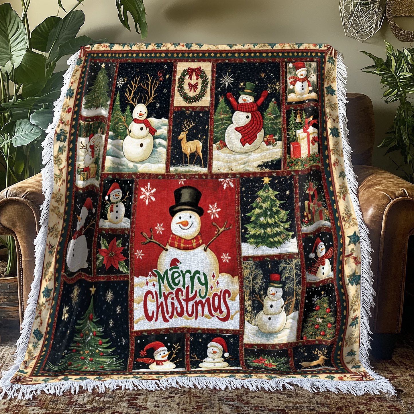 Shineful Woven Tapestry Throw Blanket Merry Snowmen Christmas