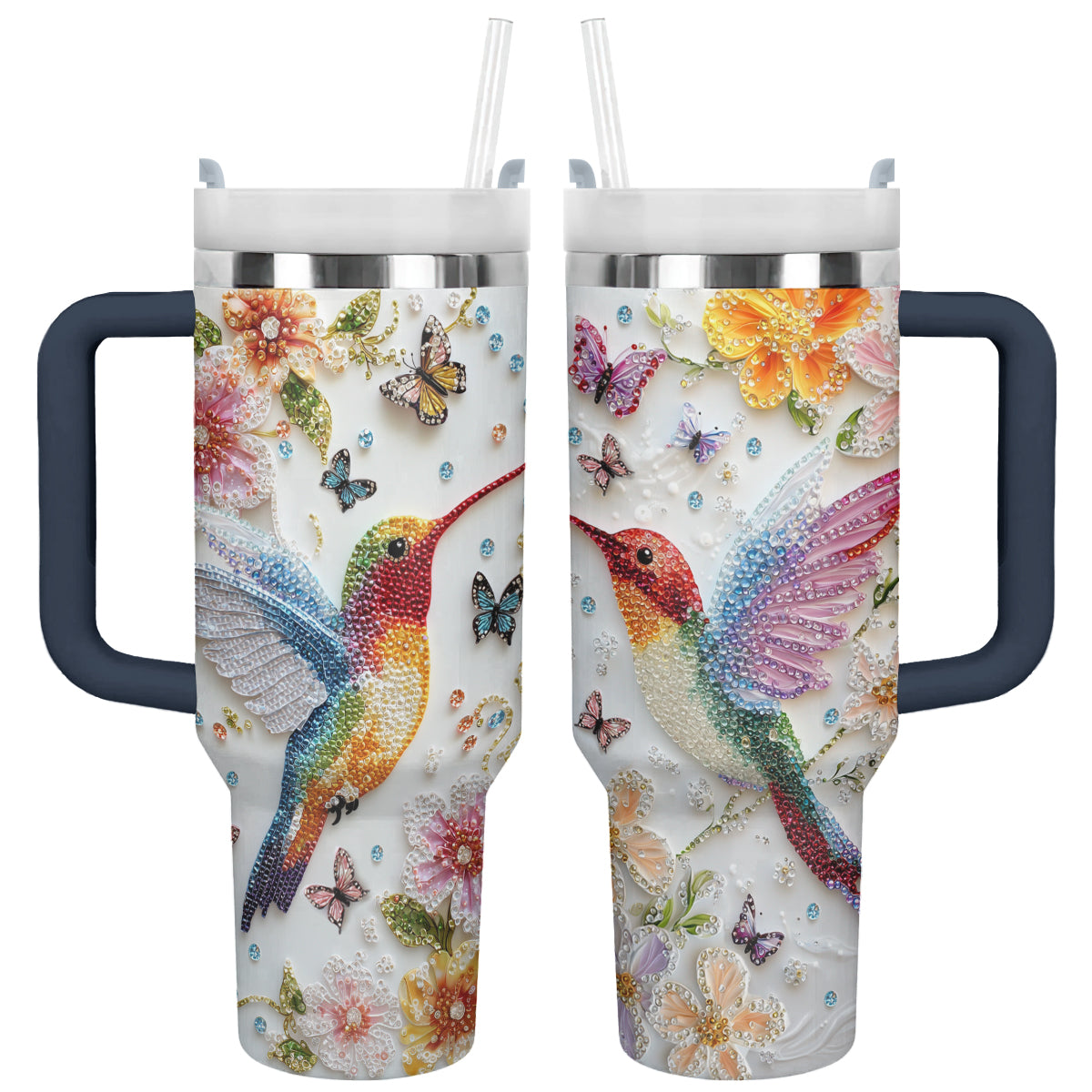 Glänzender, glänzender Becher mit Blumen-Kolibri und Schmetterlingen