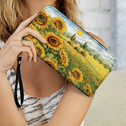 Shineful Leather Clutch Purse With Wristlet Strap Handle Sunflower Countryside Charm