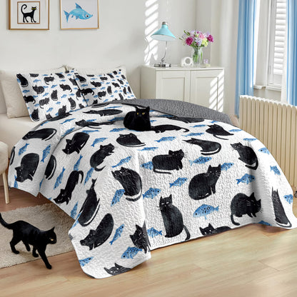 Shineful All Season Quilt 3-Piece Set - Naughty Cat With Fish