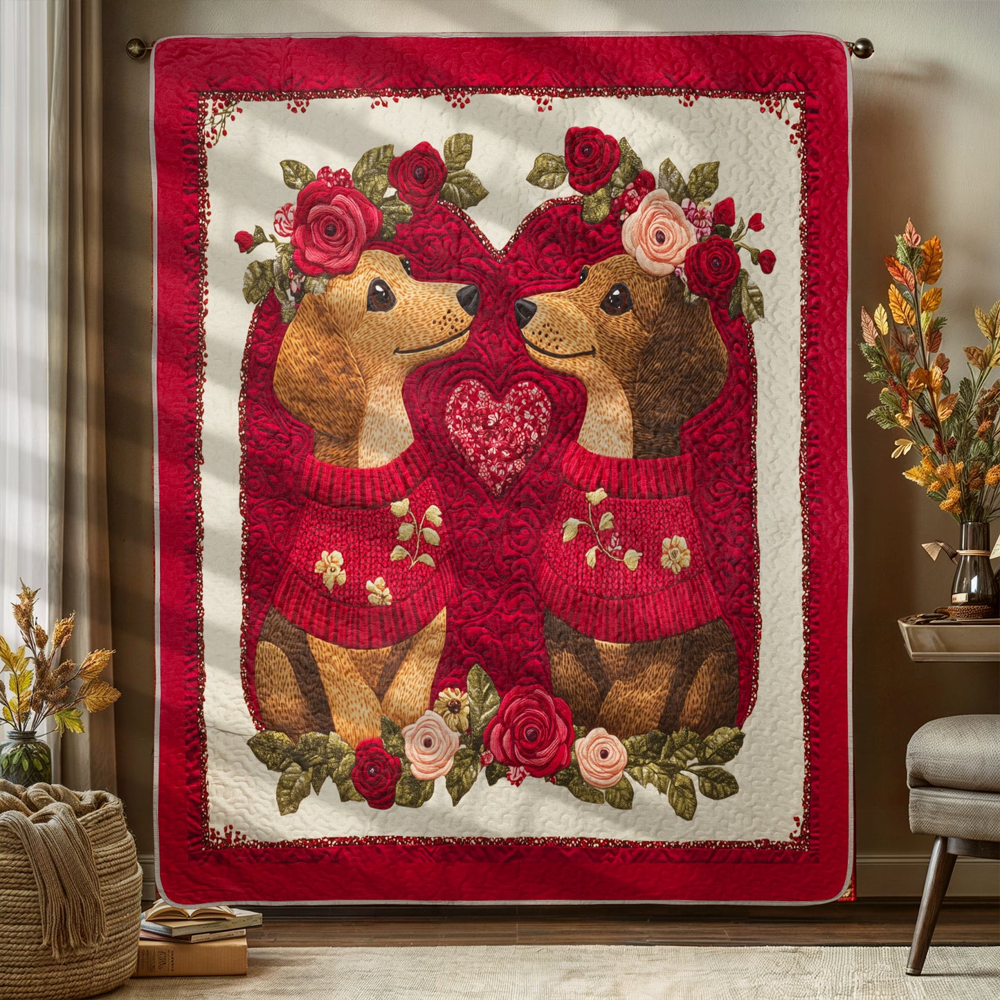 Shineful Flat Print Faux Quilt Blanket - Heart Floral Dachshund Couple