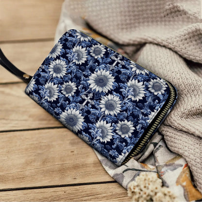 Shineful Leather Clutch Purse With Wristlet Strap Handle Midnight Blue Sunflower Cross