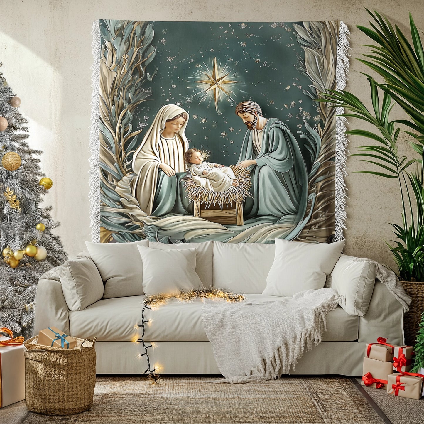 Shineful Woven Tapestry Throw Blanket - Divine Silent Night Nativity