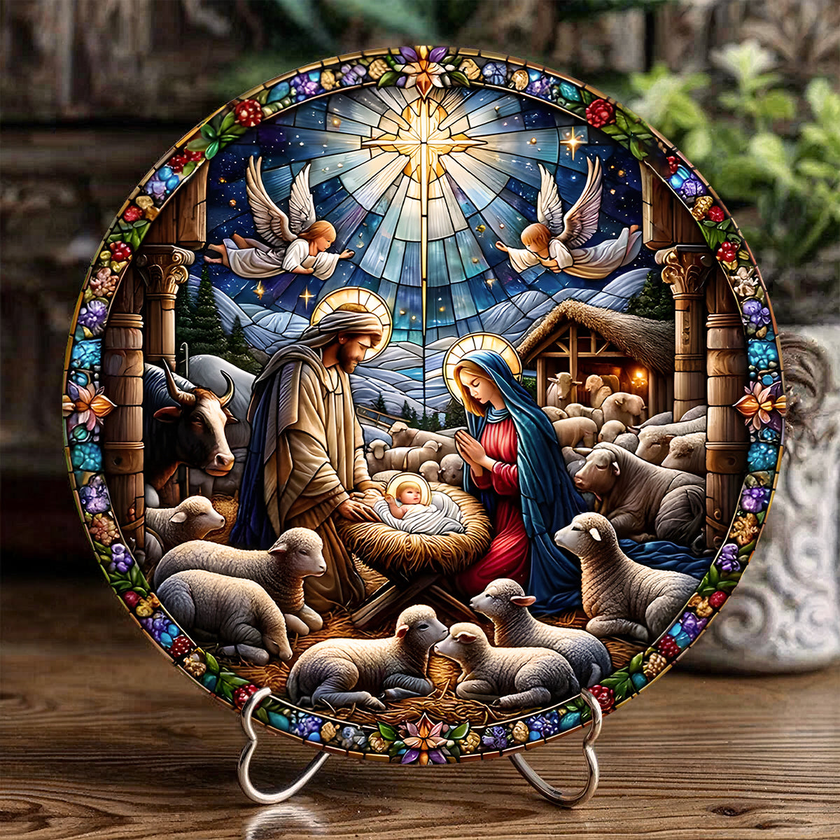 Shineful 2D Wooden Plaque, Hanging Decor, Door Sign - Starlit Nativity Glass