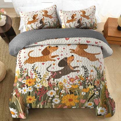 Shineful All Season Quilt 3-Piece Set Floral Dachshund With Heart