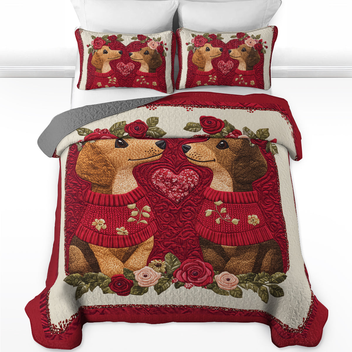 Shineful All Season Quilt 3-Piece Set Heart Floral Dachshund Couple