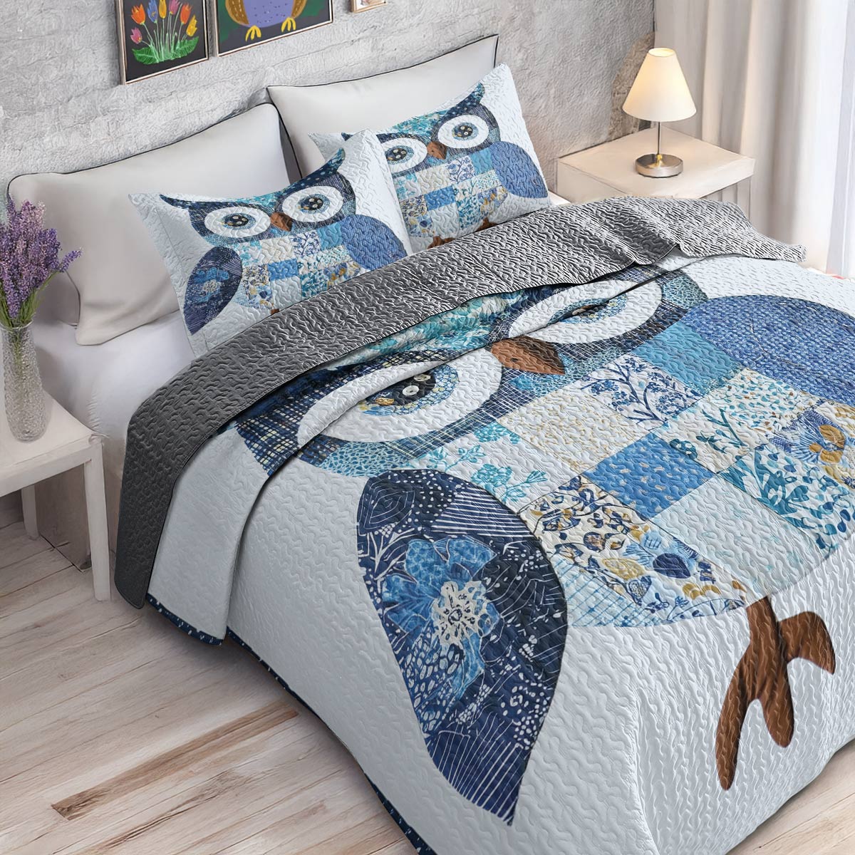 Shineful All Season Quilt 3-Piece Set - Blue Serenity Owl