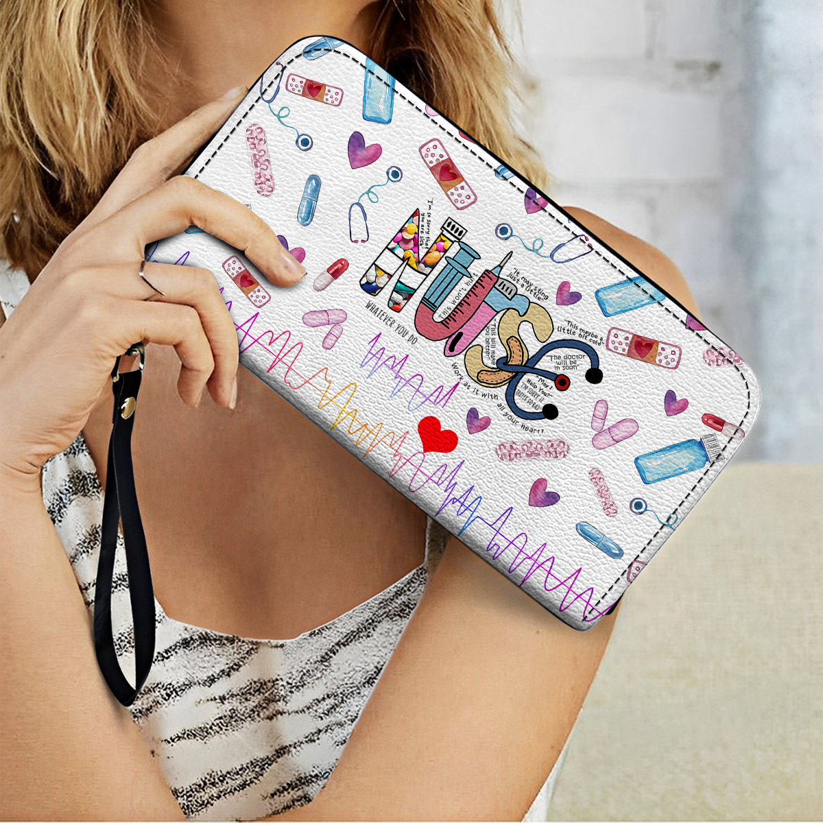 Shineful Leather Clutch Purse With Wristlet Strap Handle Nurse Colorful