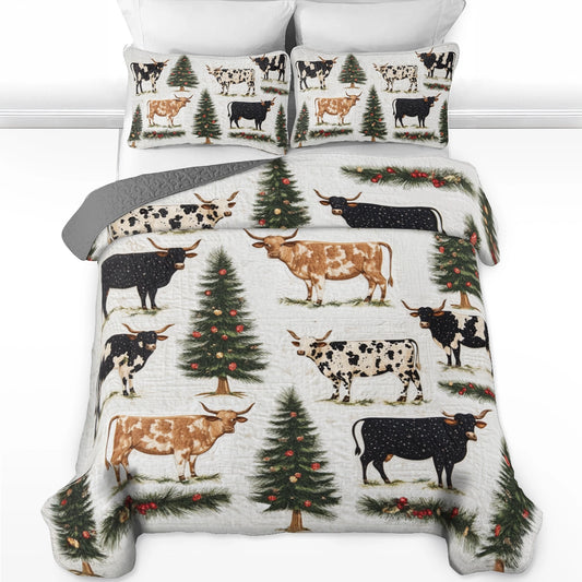 Ensemble de courtepointe toutes saisons Shineful 3 pièces Vache rustique Noël Longhorn