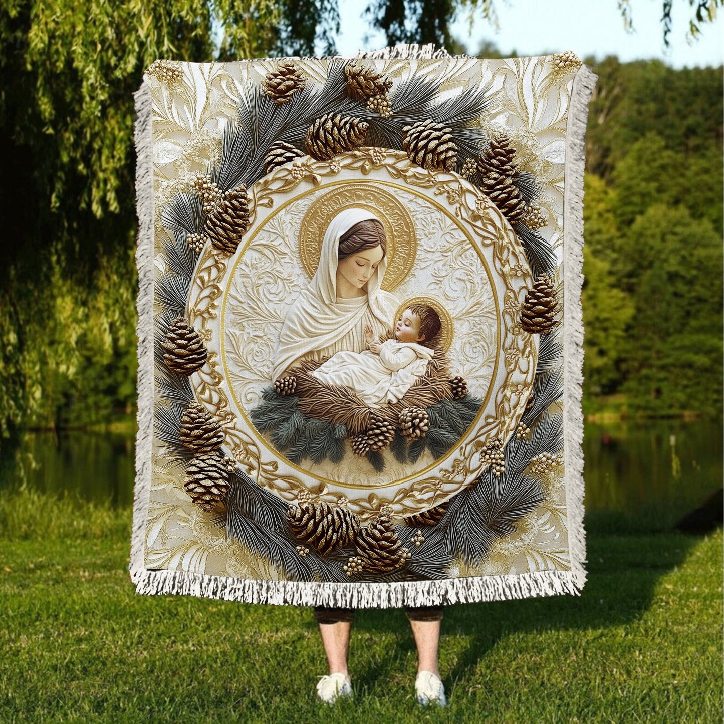 Shineful Woven Tapestry Throw Blanket - Mother’s Embrace Mary & Jesus