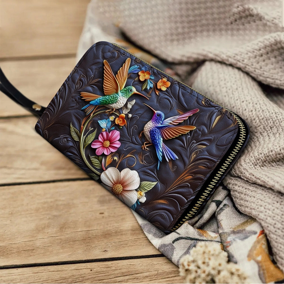 Shineful Leather Clutch Purse With Wristlet Strap Handle Hummingbird Dream