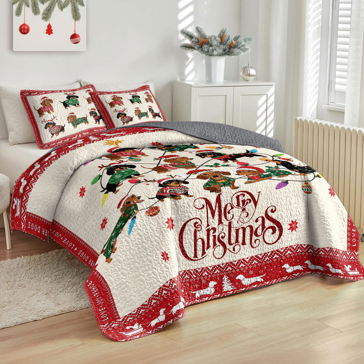 Shineful All Season Quilt 3-Piece Set Dachshund Holiday