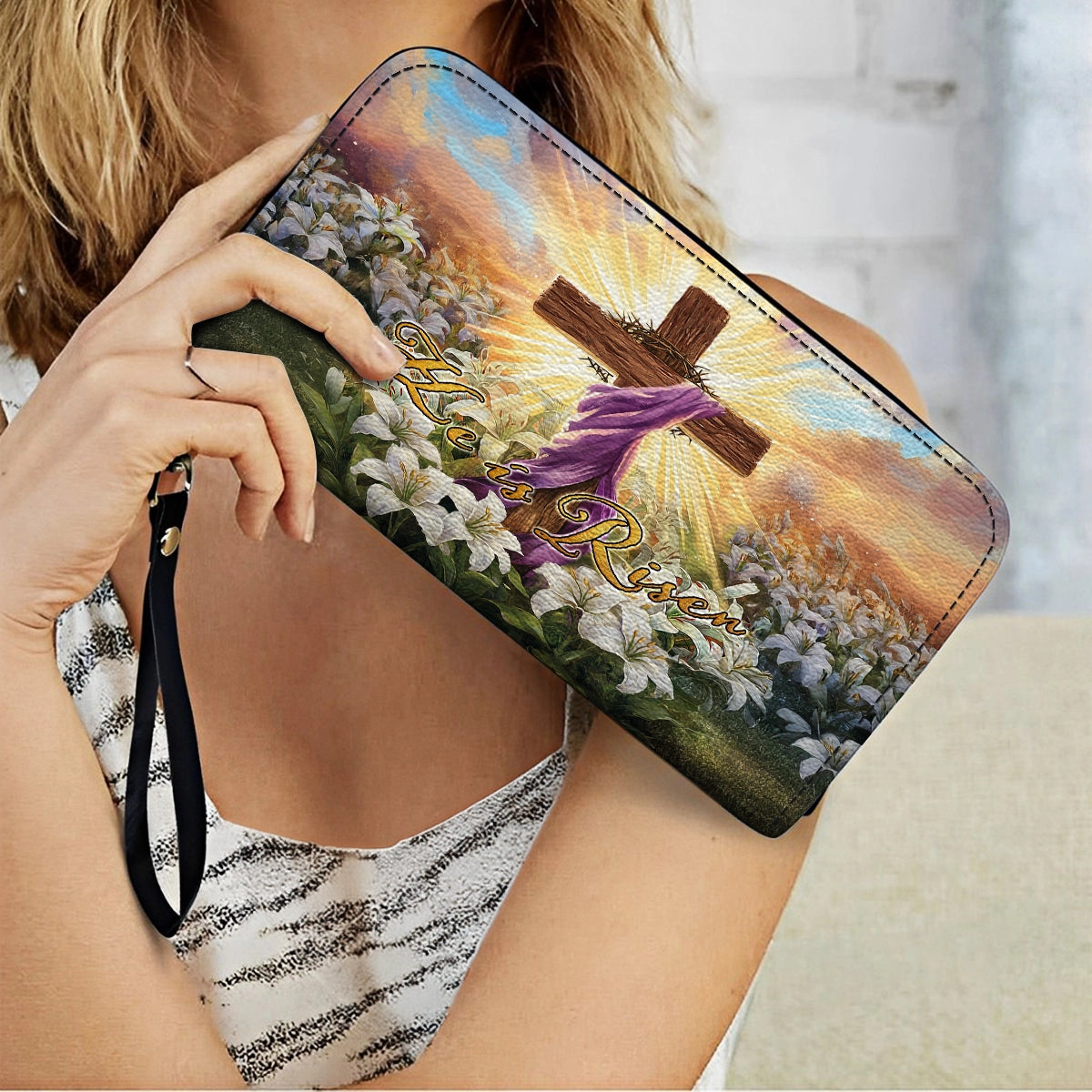 Shineful Leather Clutch Purse With Wristlet Strap Handle Easter Glory