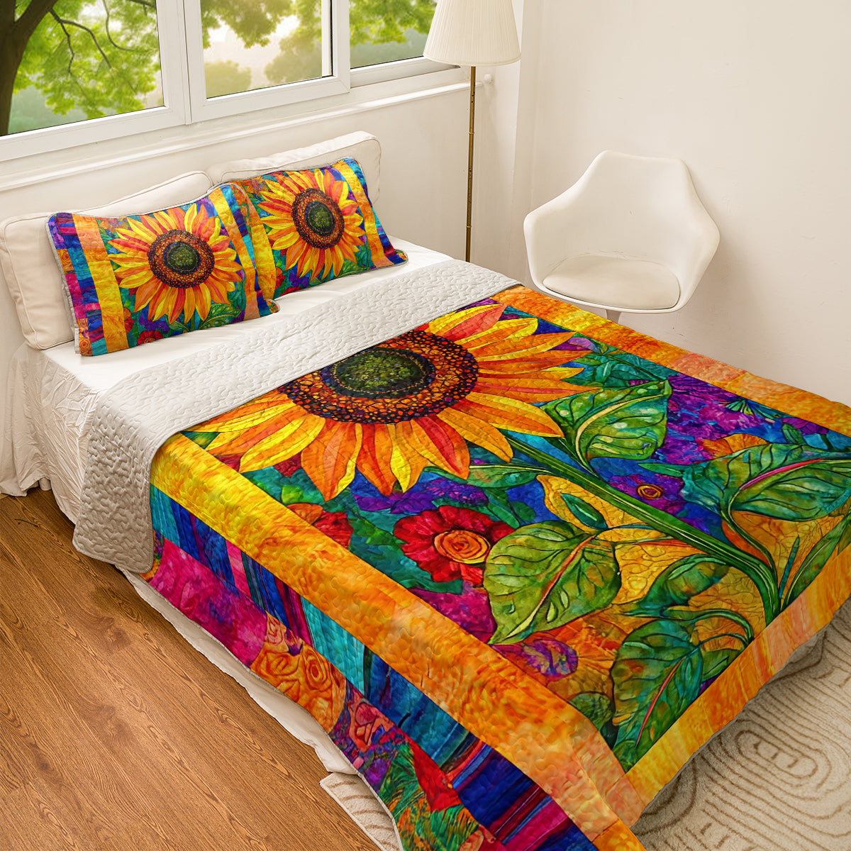 Shineful All Season Quilt 3-Piece Set Colorful Sunflower