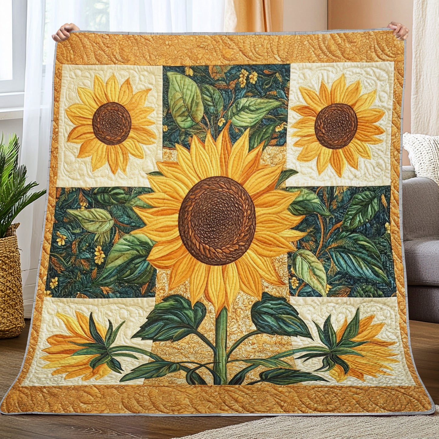 Shineful Flat Print Faux Quilt Blanket - Golden Sunflower