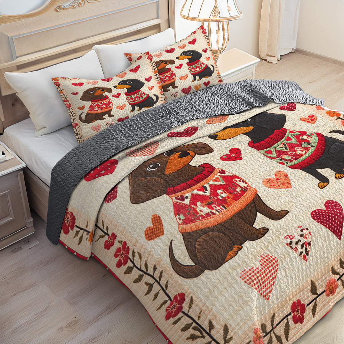 Shineful All Season Quilt 3-Piece Set Sweet Dachshund Couple