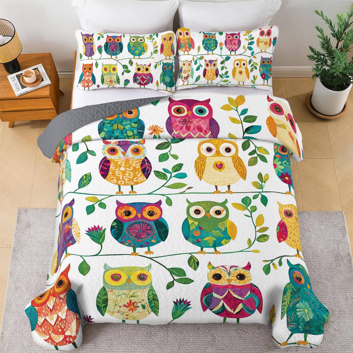 Ensemble de courtepointe toutes saisons Shineful 3 pièces - Whimsical Owl Garden 