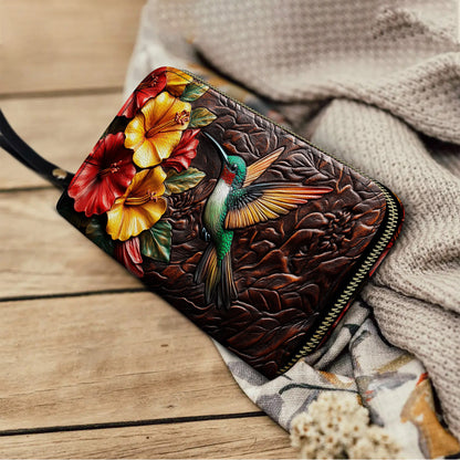 Shineful Leather Clutch Purse With Wristlet Strap Handle Hummingbird Blossom