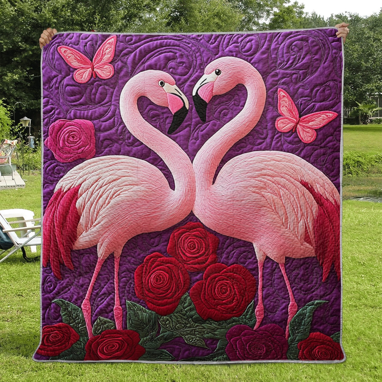 Shineful Flat Print Faux Quilt Blanket - Pink Flamingos in Love with Roses and Butterflies