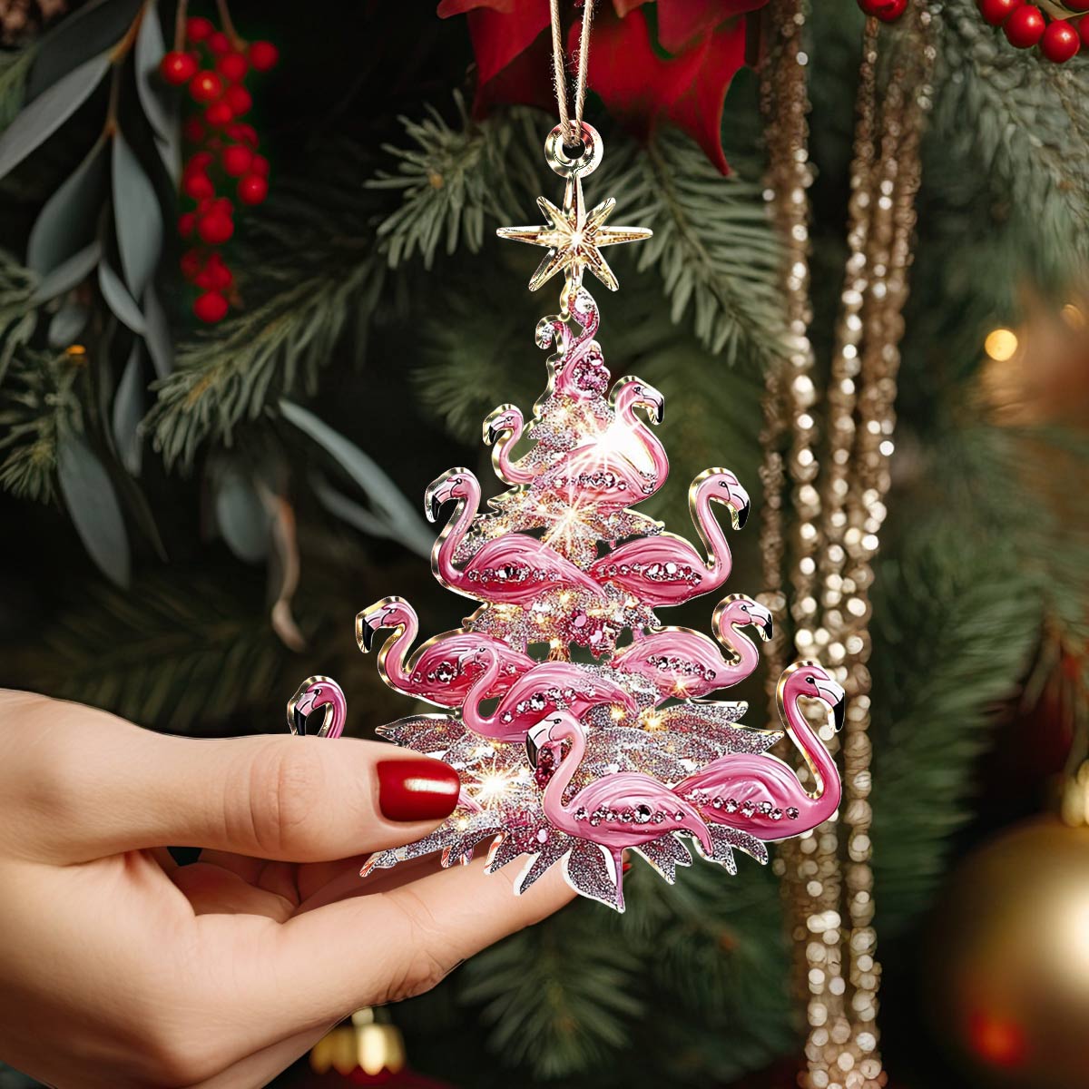 Shineful 2D Acrylic Ornament Pink Flamingo Christmas Tree