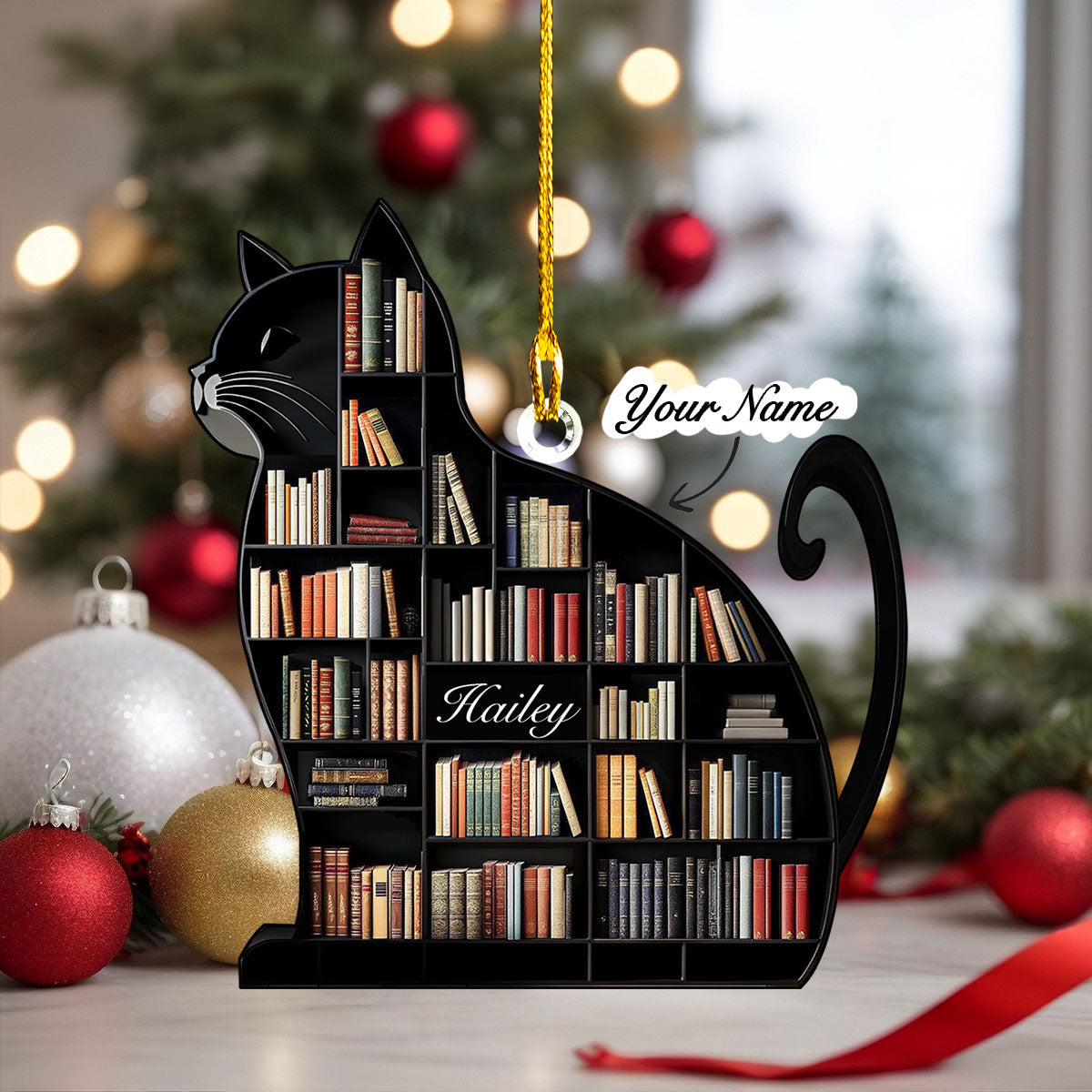 Shineful 2D Acrylic Ornament - Personalized Purrfectly Bookish Cat Shelf