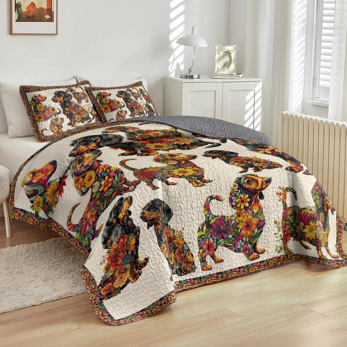 Shineful All Season Quilt 3-Piece Set - Dachshund Bloom