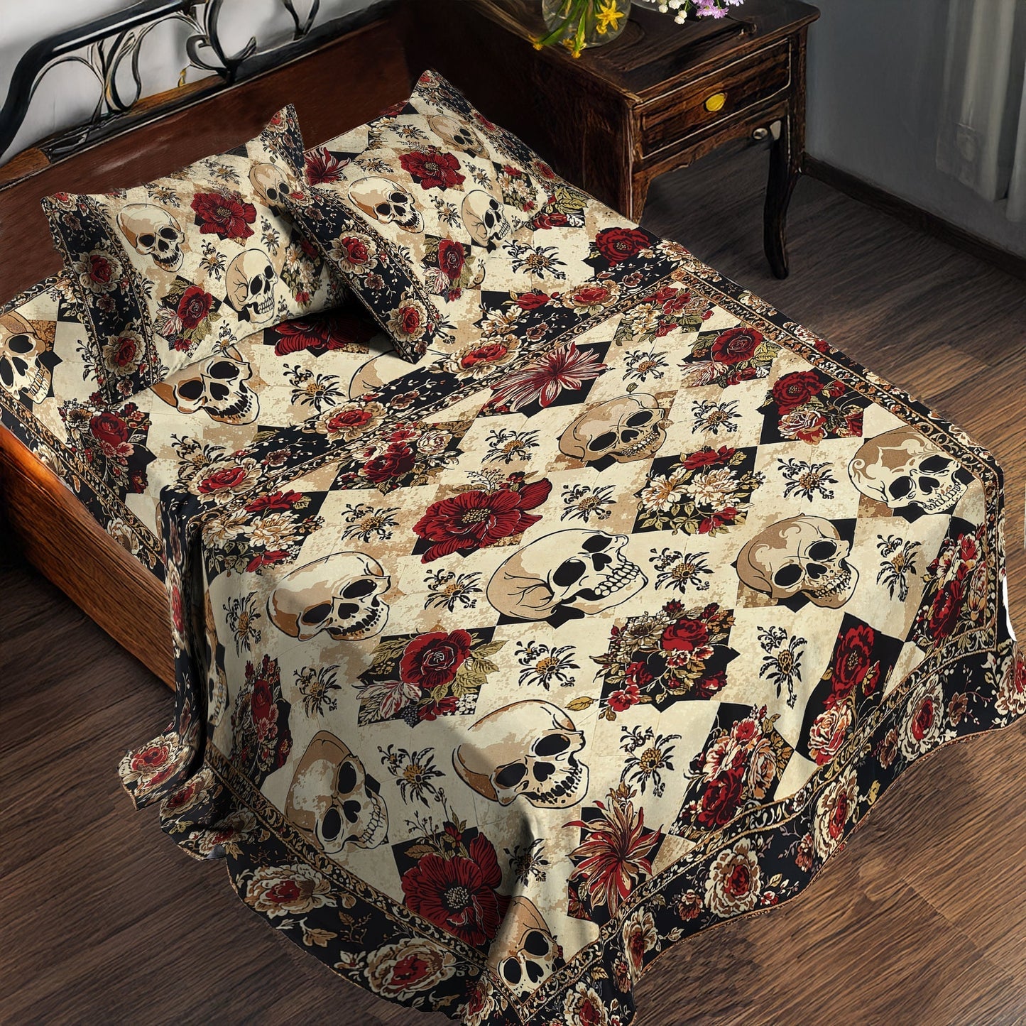 Shineful 4-Piece Bed Sheet Set - Elegant Skull Roses