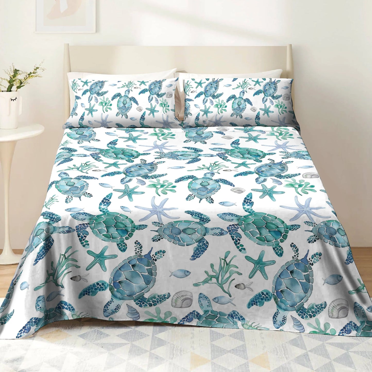 Shineful 4-Piece Bed Sheet Set - Sea Turtle Blue Flow