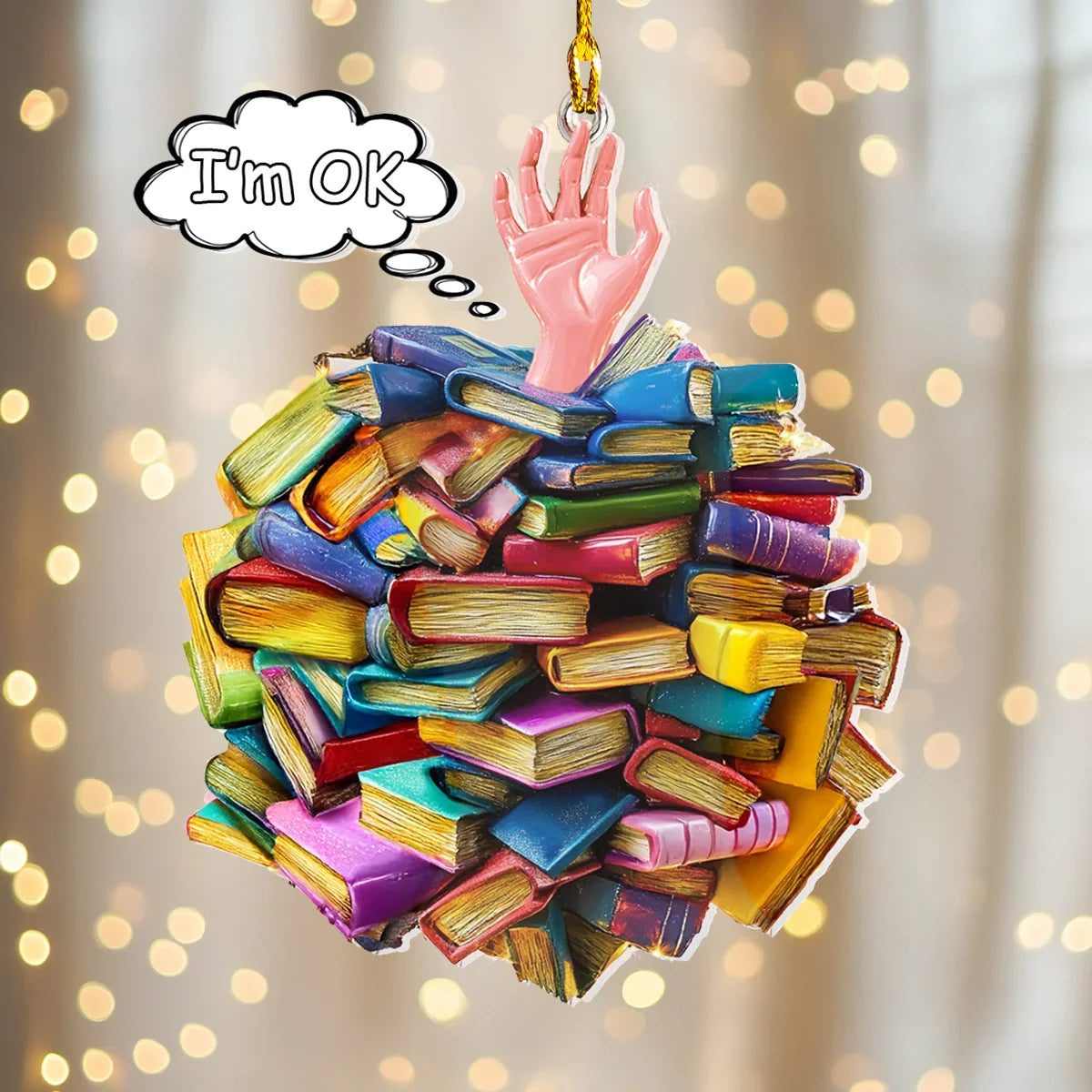 Glänzendes 2D-Acryl-Ornament „I'm OK“ – Bücherstapel