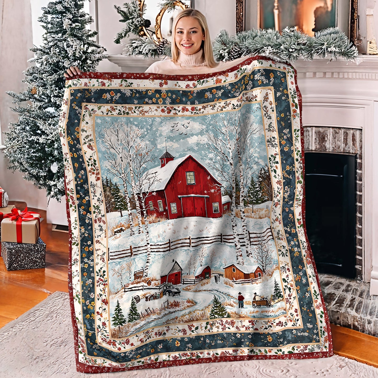 Shineful Fleece Blanket Red Barn Christmas