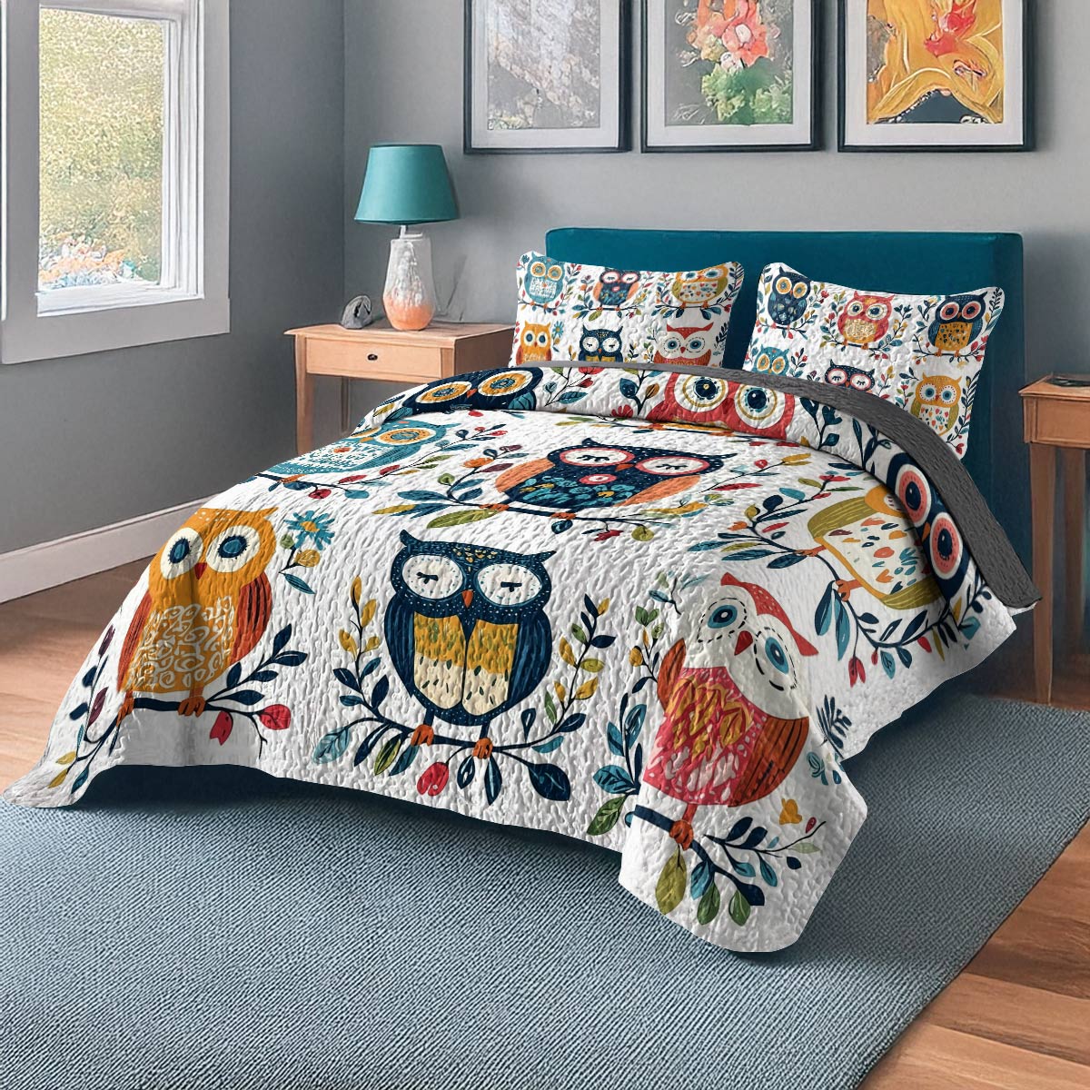 Ensemble de courtepointe toutes saisons Shineful 3 pièces - Whimsical Owl Harmony