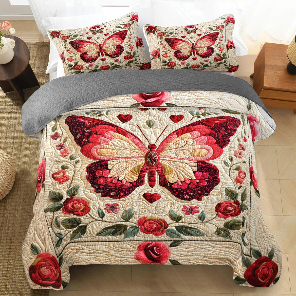 Shineful All Season Quilt 3-Piece Set Romantic Butterfly Bliss