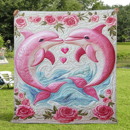 Shineful Flat Print Faux Quilt Blanket - Two Pink Dolphins in Love with Hearts and Roses