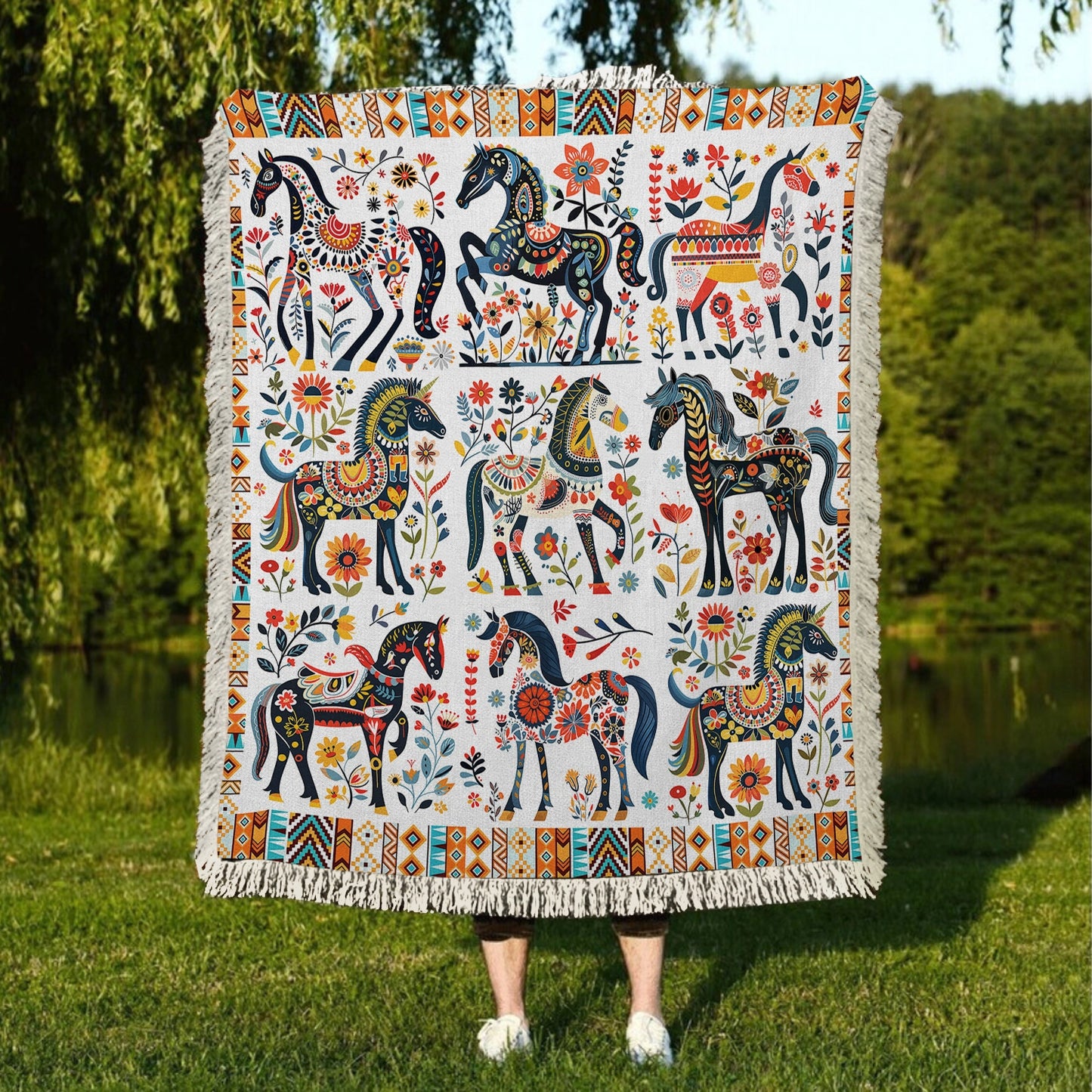 Shineful Woven Tapestry Throw Blanket - Horse Floral Pattern