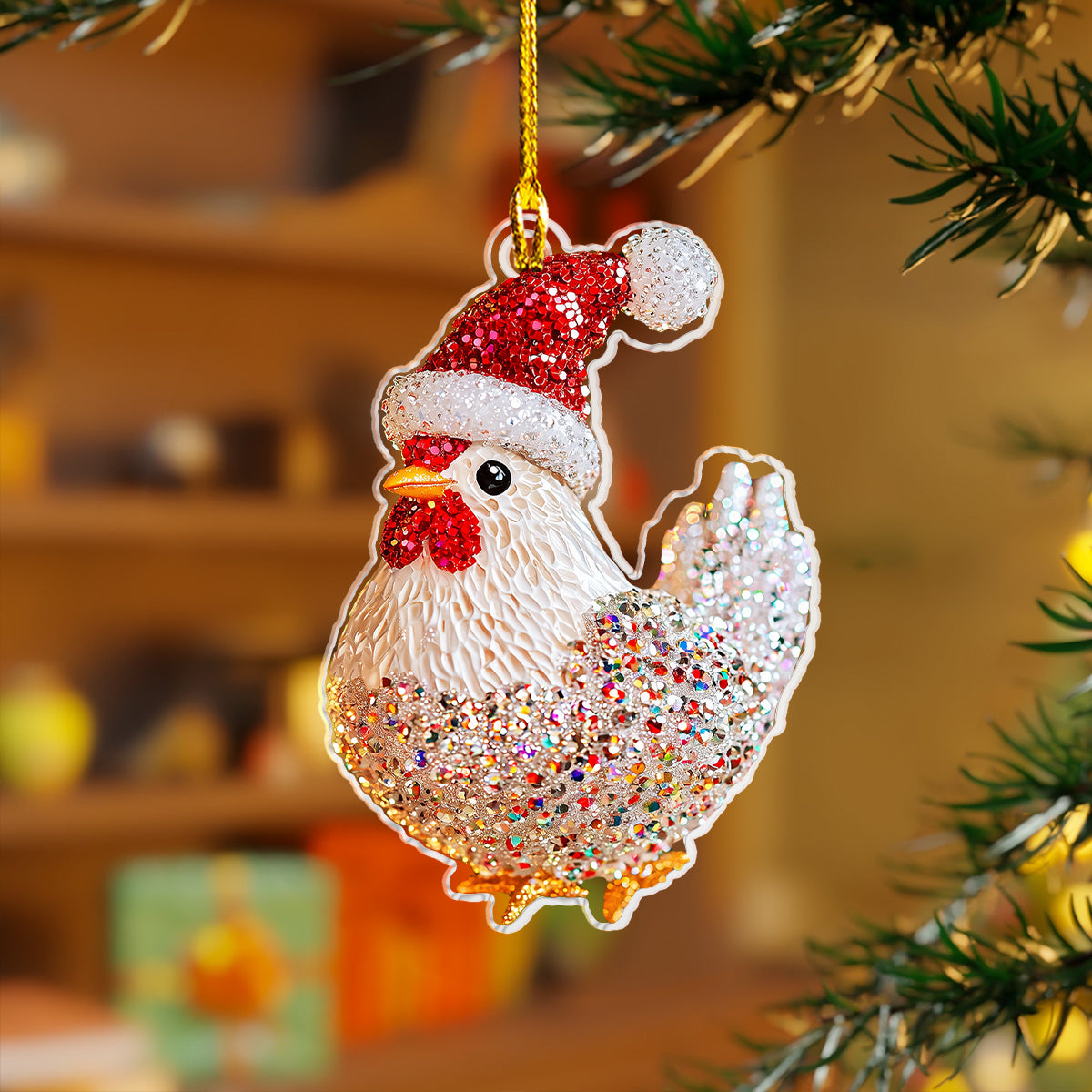 Glänzendes 2D-Acryl-Ornament „Twinkling Christmas Chicken Collection“