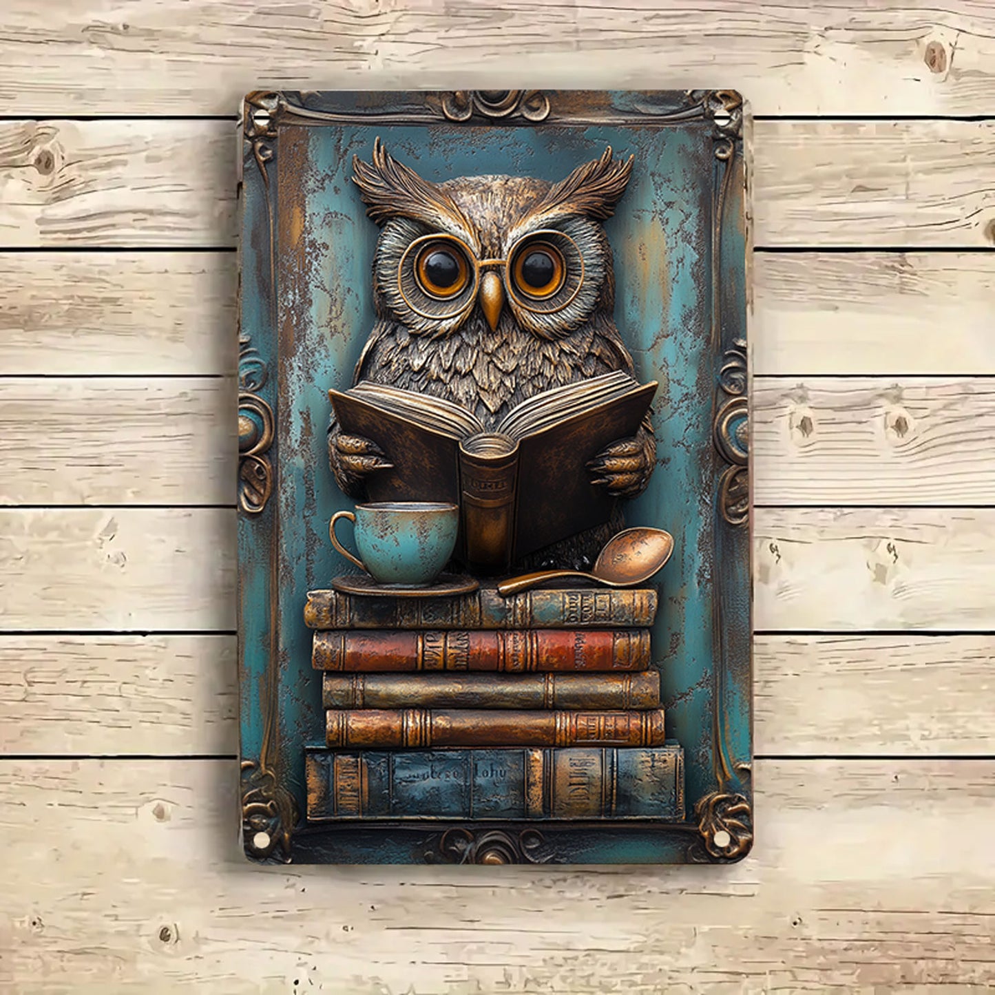 Panneau en métal brillant 2D La bibliothèque du hibou sage