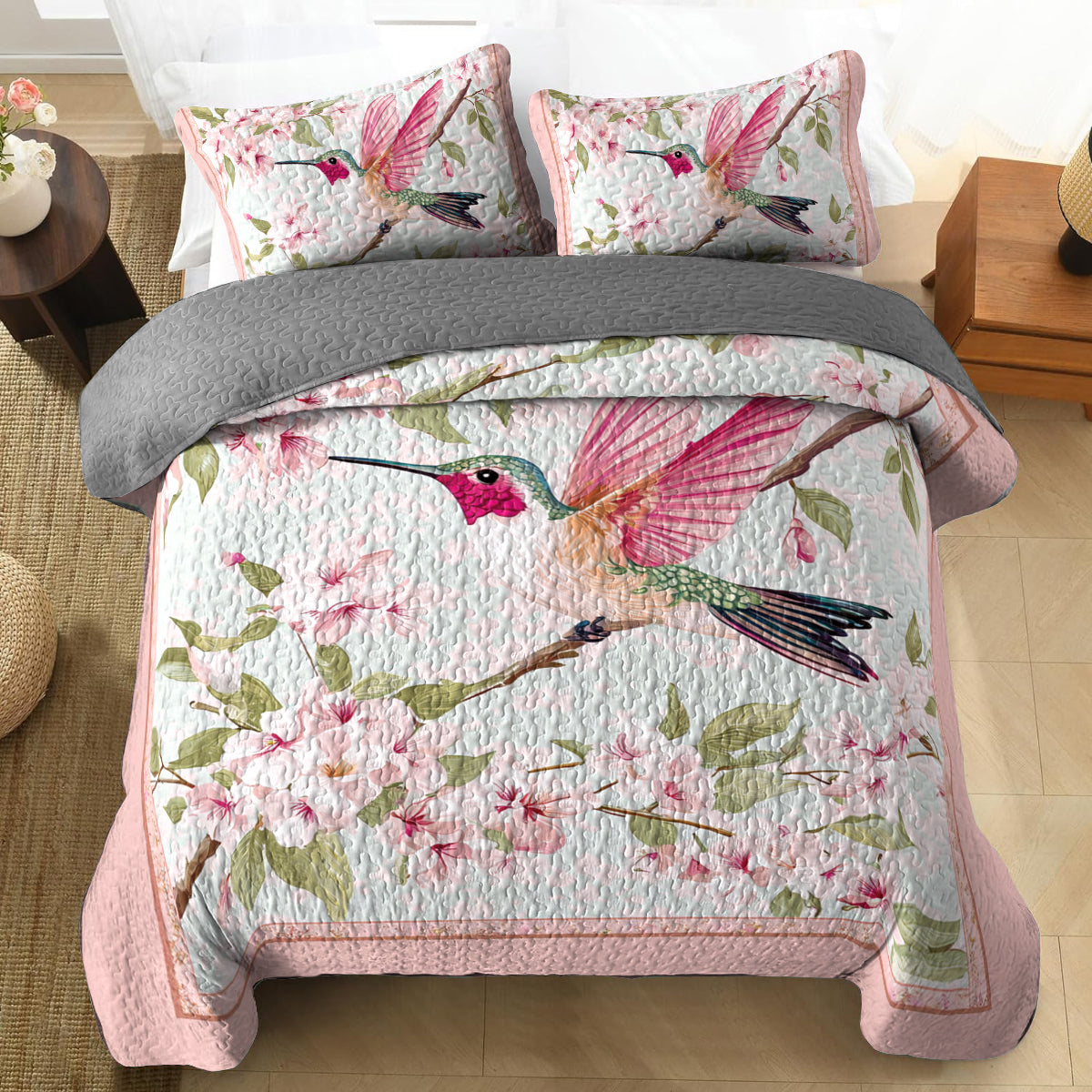 Shineful All Season Quilt 3-Piece Set Floral Hummingbird Springtime