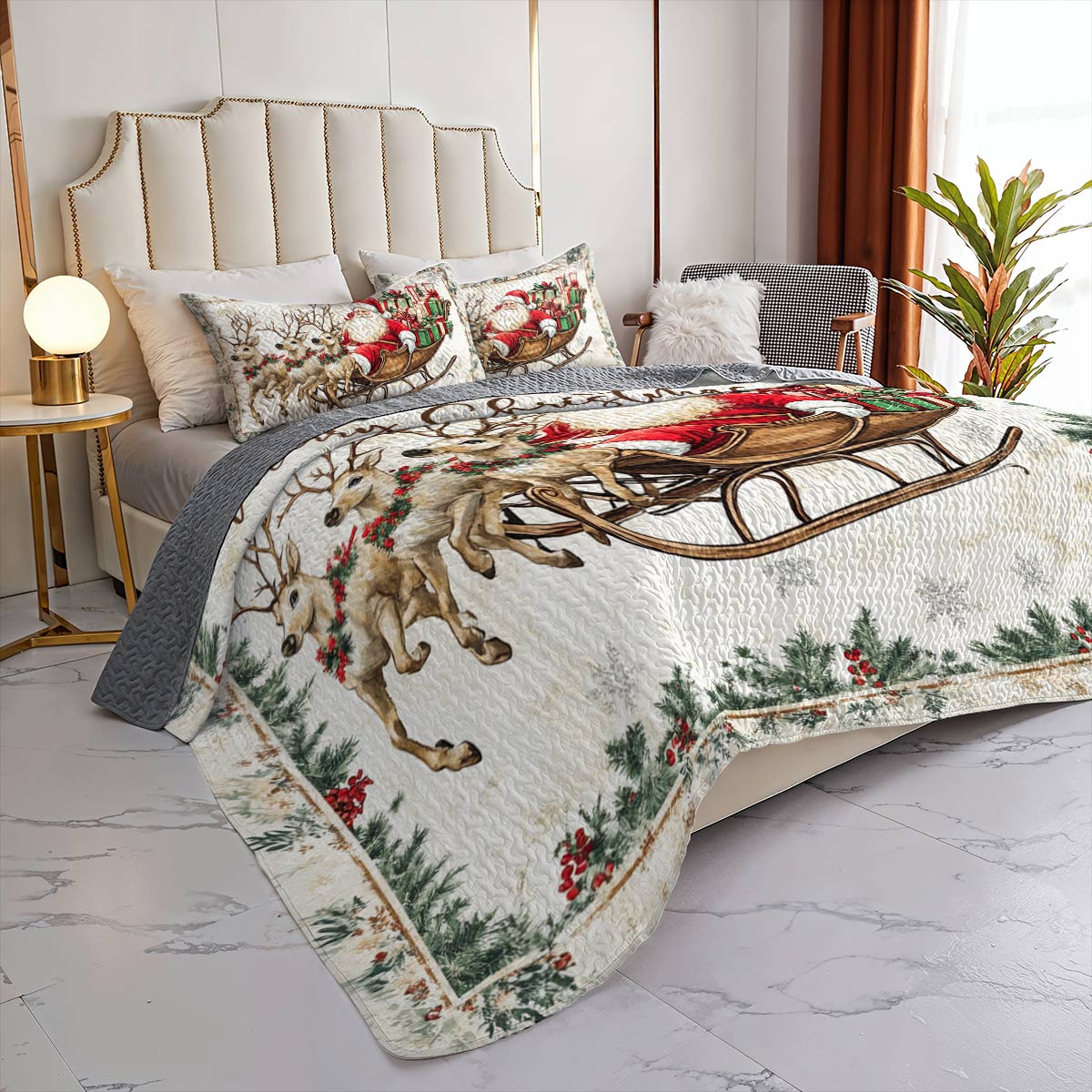 Shineful All Season Quilt 3-teiliges Set Ein Weihnachtsmann in seinem Schlitten mit sanften Rentieren