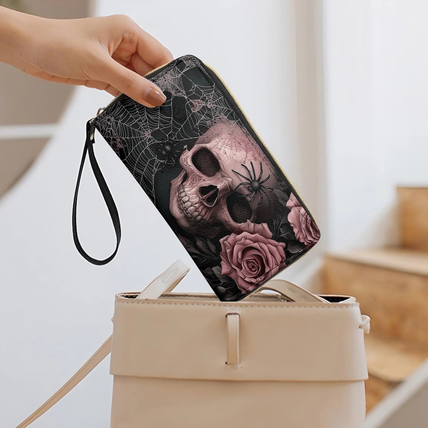 Shineful Leather Clutch Purse With Wristlet Strap Handle Eternal Bloom Skull