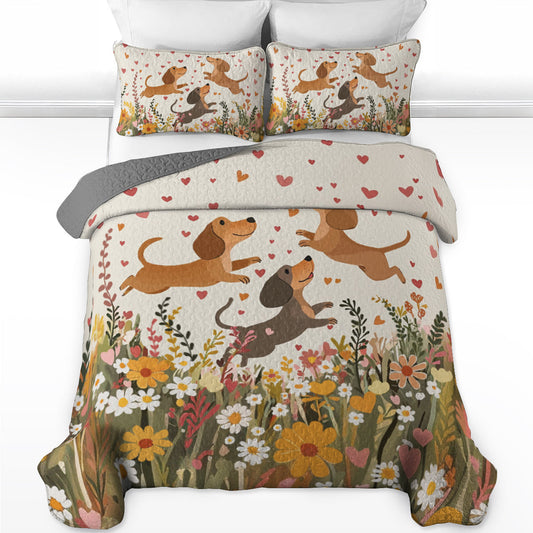 Shineful All Season Quilt 3-Piece Set Floral Dachshund With Heart