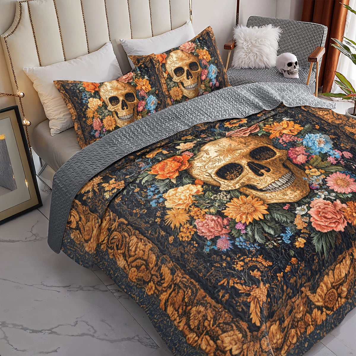 Shineful All Season Quilt 3-Piece Set Ornate Skull Garden