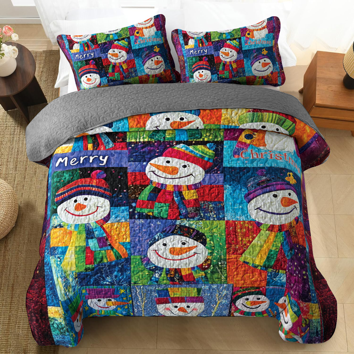 Shineful All Season Quilt 3-Piece Set - Snowman Pattern