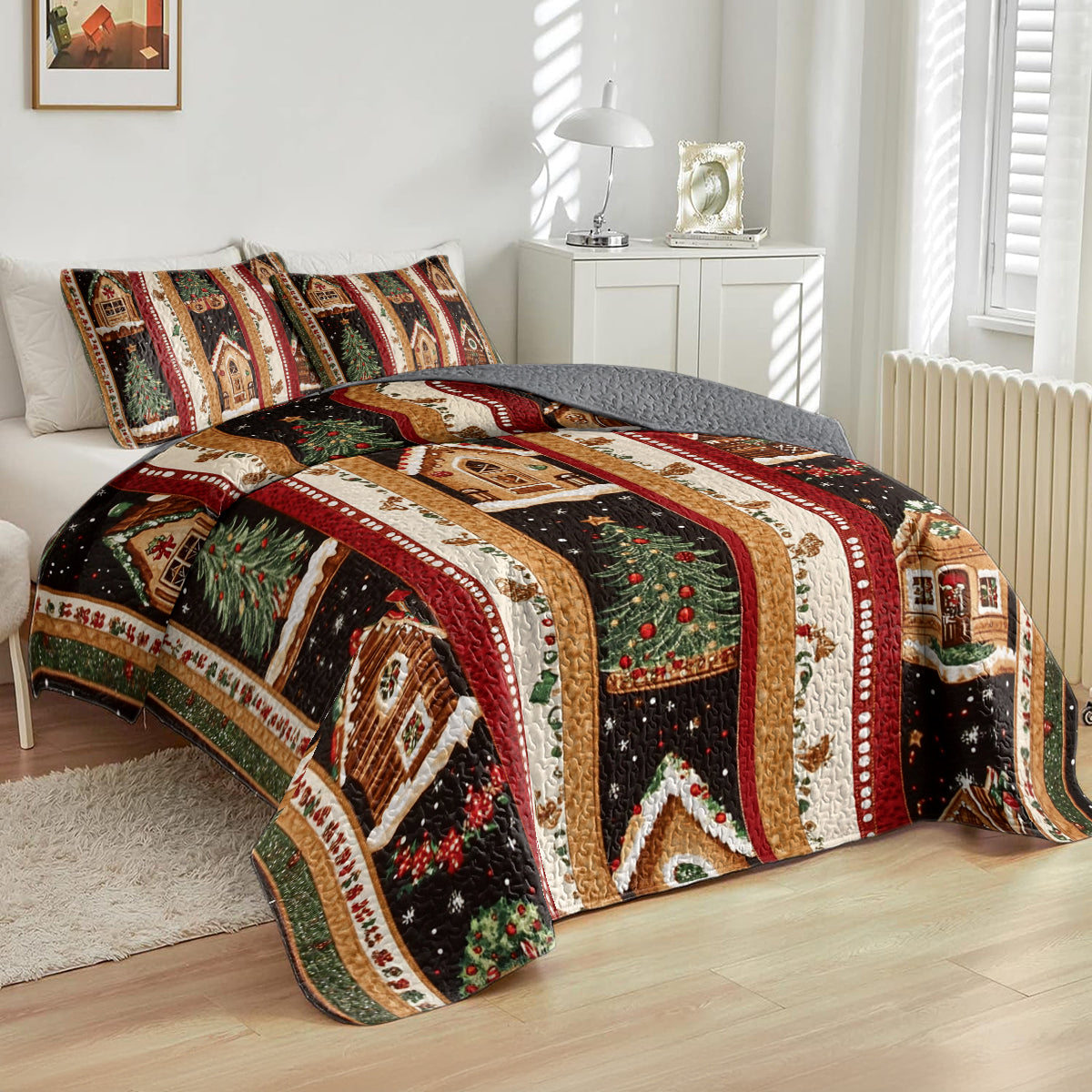 Shineful All Season Quilt 3-Piece Set Festive Gingerbread House