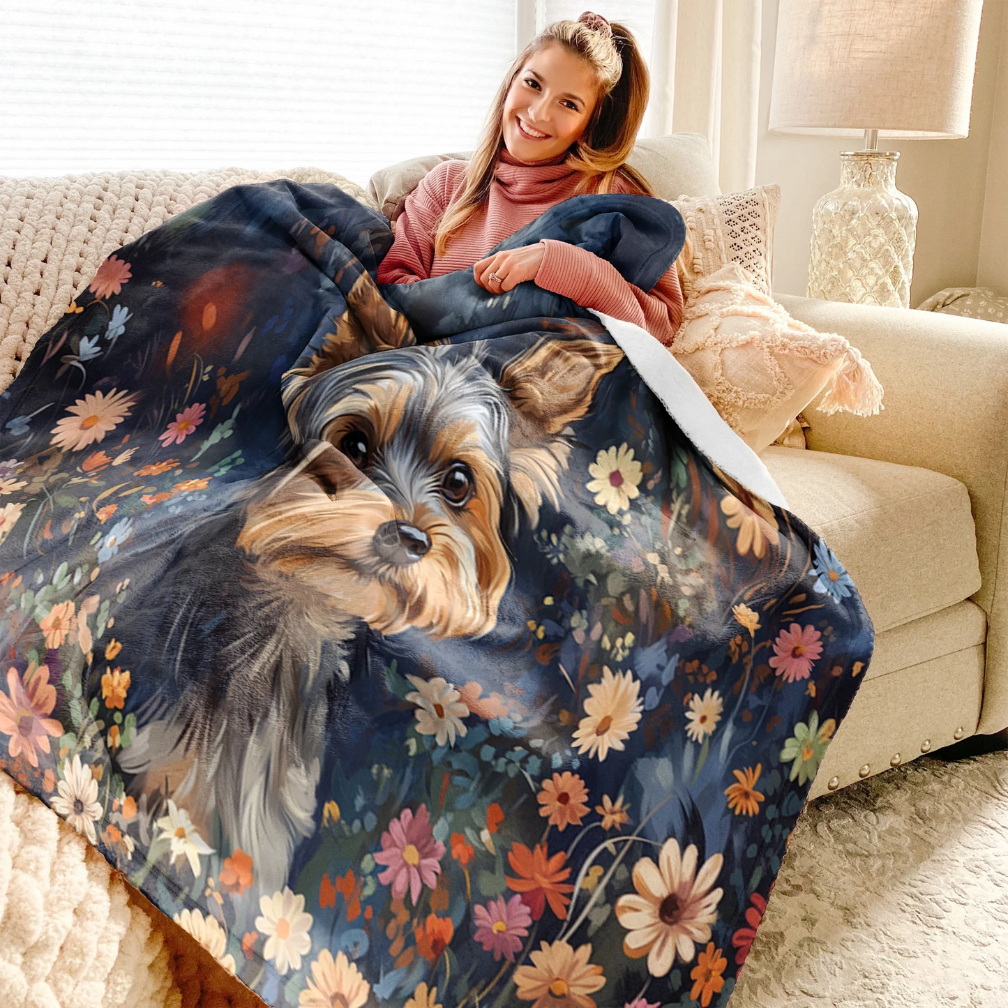 Shineful Fleece Blanket Enchanted Yorkie Bloom