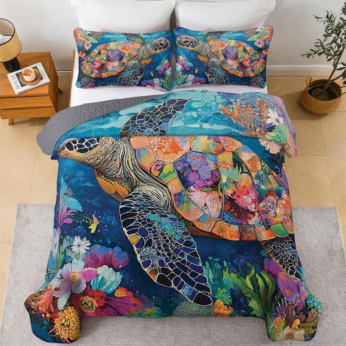 Shineful All Season Quilt 3-Piece Set Floral Sea Turtle