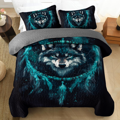 Shineful All Season Quilt 3-Piece Set - Navy Night Wolf Dreamcatcher