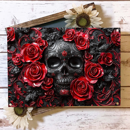 Shineful 2D Metal Sign Skull With Red Roses