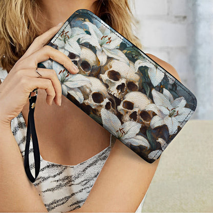 Shineful Leather Clutch Purse With Wristlet Strap Handle Mystic Skull & White Lilies